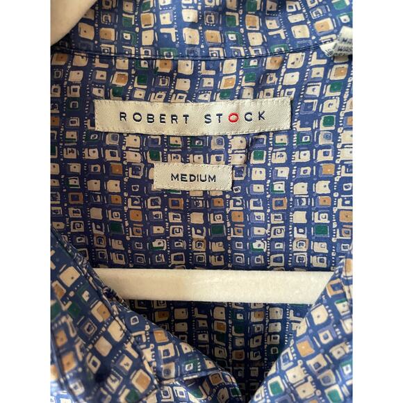 Robert Stock Vintage Geometric Blue 100% Silk Short Sleeve Button Down Shirt M - Picture 3 of 3